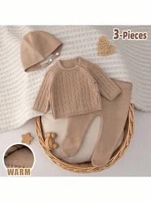 Loomiva Bộ 3 món cho bé sơ sinh: Áo len mềm màu trơn cổ tròn tay dài, quần cạp chun và mũ - Màu be - Xem 4