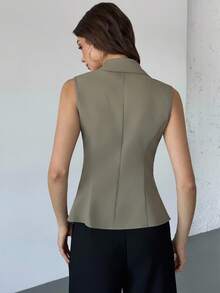 Firerie Women's Minimalist Elegant Daily Casual Urban Commute Office Wear Gray-Green Sleeveless Lapel Metal Button Fitted Blazer, Women's Blazer, Autumn/Winter Wear, Formal Occasion Wear - Green - View 2