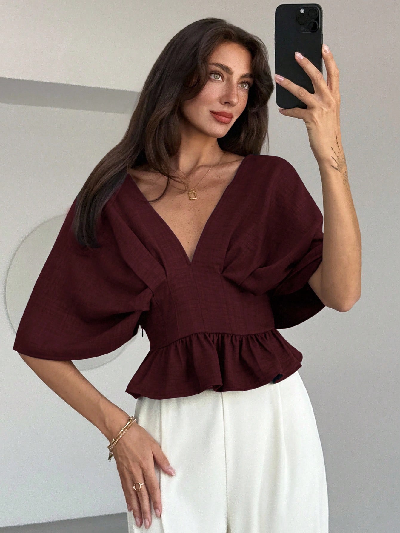 Aloruh ملابس علوية نسائية بياقة على شكل حرف V وذيل...