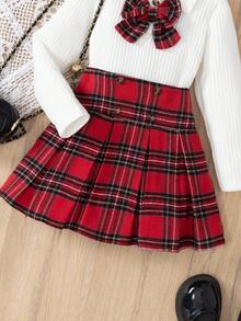 2pcs/Set Girls Toddler European & American Style Bow Decor Polo Collar Long Sleeve T-Shirt + Plaid Skirt, Spring/Autumn