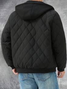 Manfinity Homme 男士黑色冬季基礎休閒外套，純色長袖保暖內裡連帽拉鍊外套，約會街頭風外衣 - 黑色 - 查看 5