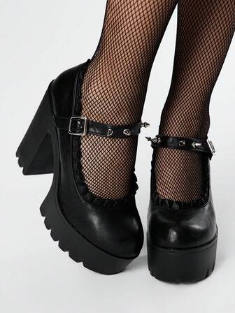 Goth Damen sexy Spitzenbesatz Plateau-Pumps, Frühling/Herbst Mode einfarbige Metall Nieten verzierte Riemen Schnallen High Heels Herbstschuhe mit niedrigem Schaft