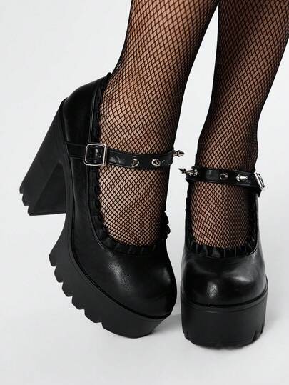 Goth Women's Sexy Lace Trim Thick Heel Pumps, Spring/Autumn Fashion Solid Color Metal Rivet Embellished Strap Buckle High Heel Low Vamp Autumn Shoes