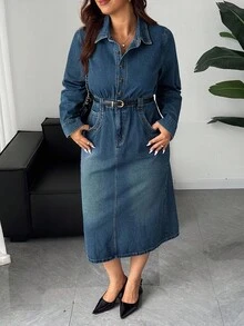 Dazy Plus 大码女式休闲深色水洗牛仔翻领半襟长袖连衣裙，春秋季 - 中等水洗藍 - 查看 3