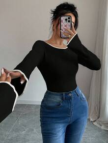 SHEIN 少女修身喇叭袖毛衣，黑白条纹长袖休闲套头衫，优雅柔软，学院风长袖针织毛衣，适合万圣节/圣诞节秋冬季穿着 - 黑與白 - 查看 5