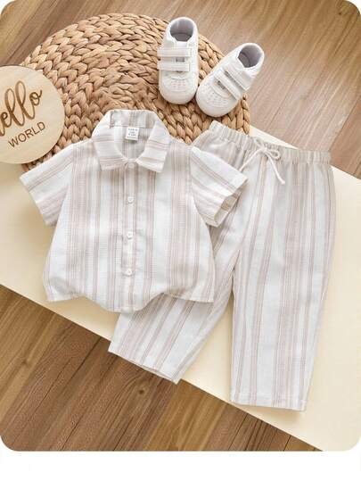 Baby Boy 2pcs/Set Apricot Spring/Summer Lapel Short Sleeve Shirt And Elastic Waist Pants, Textured Jacquard Fabric, Suitable For Home, Outing, Travel, Vacation