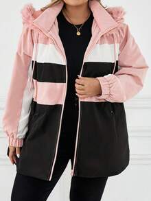 SHEIN CURVE+ Plus Size Multi-Color Patchwork Thermal Lined Hooded Padded Coat For Women In Fall/Winter - Multicolor - View 4