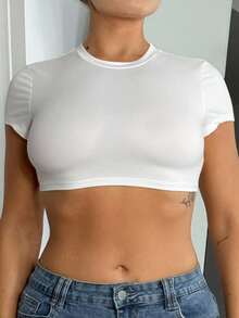 Bethéva Áo thun nữ trang bị thường ngày mùa hè, áo crop top cổ tròn màu trơn đơn giản - trắng - Xem 3