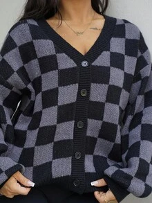 SAYEHFBABY Checkerboard Pattern Casual Cardigan Sweater For Women,Long Sleeve Tops,Fall Clothes - Black - View 3