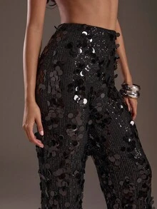 Glamine Spodnie z wysokim stanem i szerokimi, czarnymi nogawkami i cekinami na imprezę świąteczną, kostiumy dla dorosłych, eleganckie stroje dla kobiet, spodnie z szerokimi nogawkami na randkę, eleganckie spodnie damskie z cekinami