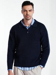 Manfinity CityGents Áo len dài tay cổ polo trơn màu cho nam, thời trang thu đông - Màu xanh hải quân - Xem 6