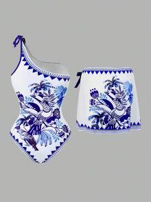 Swim Oasis Women's Tropical Floral & Bird Print Casual One-Piece Swimsuit With Skirt, Halter Neck, Suitable For Vacation And Beach - Blue and White - View 2