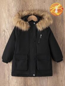 SHEIN Elladie kids Young Girls Winter Hooded Thick Padded Coat With Faux Fur Collar, Mid-Length, Zipper, Pockets, Fashion, Versatile, Autumn/Winter Outerwear Kids Winter Coat Girls Winter Coat - Black - View 2