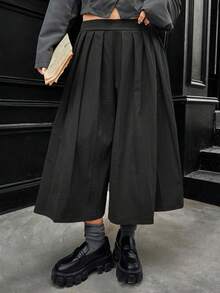 Easura Quần culottes xếp ly cạp cao kiểu vintage mới năm 2025, quần ống rộng dáng suông 3/4 giúp tôn dáng. - màu đen - Xem 3