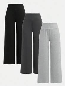 SHEIN 3件套少女高腰针织紧身/阔腿裤，黑色/深灰色/浅灰色，百搭舒适休闲裤，适合秋冬季节穿着，喇叭裤型，少女运动针织喇叭裤，喇叭打底裤，阔腿运动裤 - 彩色 - 查看 3