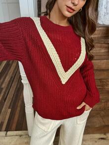 SHEIN LUNE Pull décontracté à manches longues, col rond, épaules tombantes, style western, blocs de couleurs, pour femmes, automne/hiver - Rouge foncé - Voir 1