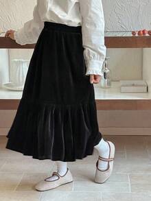 DAZY 青少年女孩韩版天鹅绒半身裙 - 黑色 - 查看 1