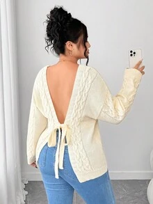 Elenzga 大码女式针织开衫，简约时尚外套，纯色蝴蝶结设计，秋冬款