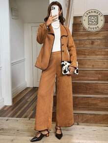 SHEIN LUNE 女士秋冬波西米亚复古系带刺绣绒面革翻领西装外套和裤子两件套 - 棕色 - 查看 1