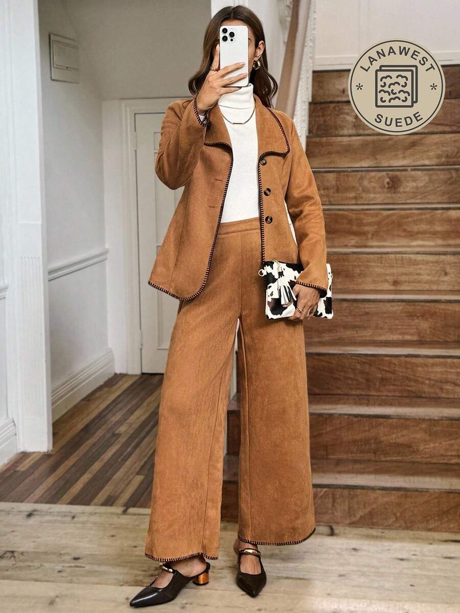 SHEIN LUNE 女士秋冬波西米亚复古系带刺绣绒面革翻领西装外套和裤子两件套 - 棕色 - 查看 1