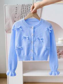 SHEIN 少女Y2K甜美蝴蝶结复古针织毛衣，休闲百搭，适合返校和冬季穿着 - 藍色 - 查看 4