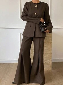 Livesso Ensemble 2 pièces pour femmes avec Top à encolure ronde et taille cintrée, et pantalon ample pour l'automne - Tabac - Voir 5