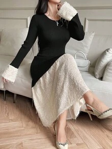 DAZY Vestido de suéter con volantes y bloque de color elegante para mujer, otoño - Negro - Ver 1