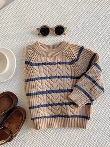 SHEIN 男女通用婴儿可爱条纹长袖毛衣，休闲百搭，适合秋冬季 - 彩色 - 查看 1