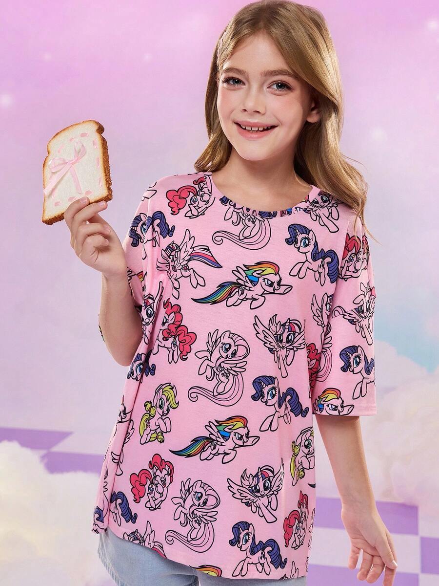 My Little Pony X SHEIN Tween Girls' Cute Horse Print Round Neck Drop Shoulder T-Shirt, Summer - Multicolor - View 1