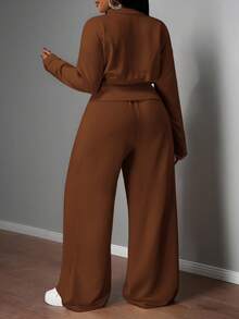 Slaydiva 秋冬新品，女士秋冬服装，万圣节，大码女士家居服套装，棕色两件套，高个两件套，保守款两件套，长袖两件套，棕色长袖套装 - 棕色 - 查看 13