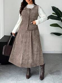 Dazy Plus 2pcs Velvet Thickened Casual Vest & Skirt Set, Versatile Plus Size Autumn Outfit - Khaki - View 3