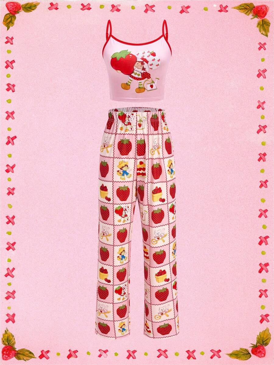 Strawberry Shortcake X SHEIN Fall And Winter Pink Cami Top & Pants Pajama Set, Sweet And Cute Style Strawberry Pattern Cherry Jam Custard The Cat Berry Bitty City Pupcake The Dog Berrykins The Sweet Sweet Berry Best Friends - Pink - View 1