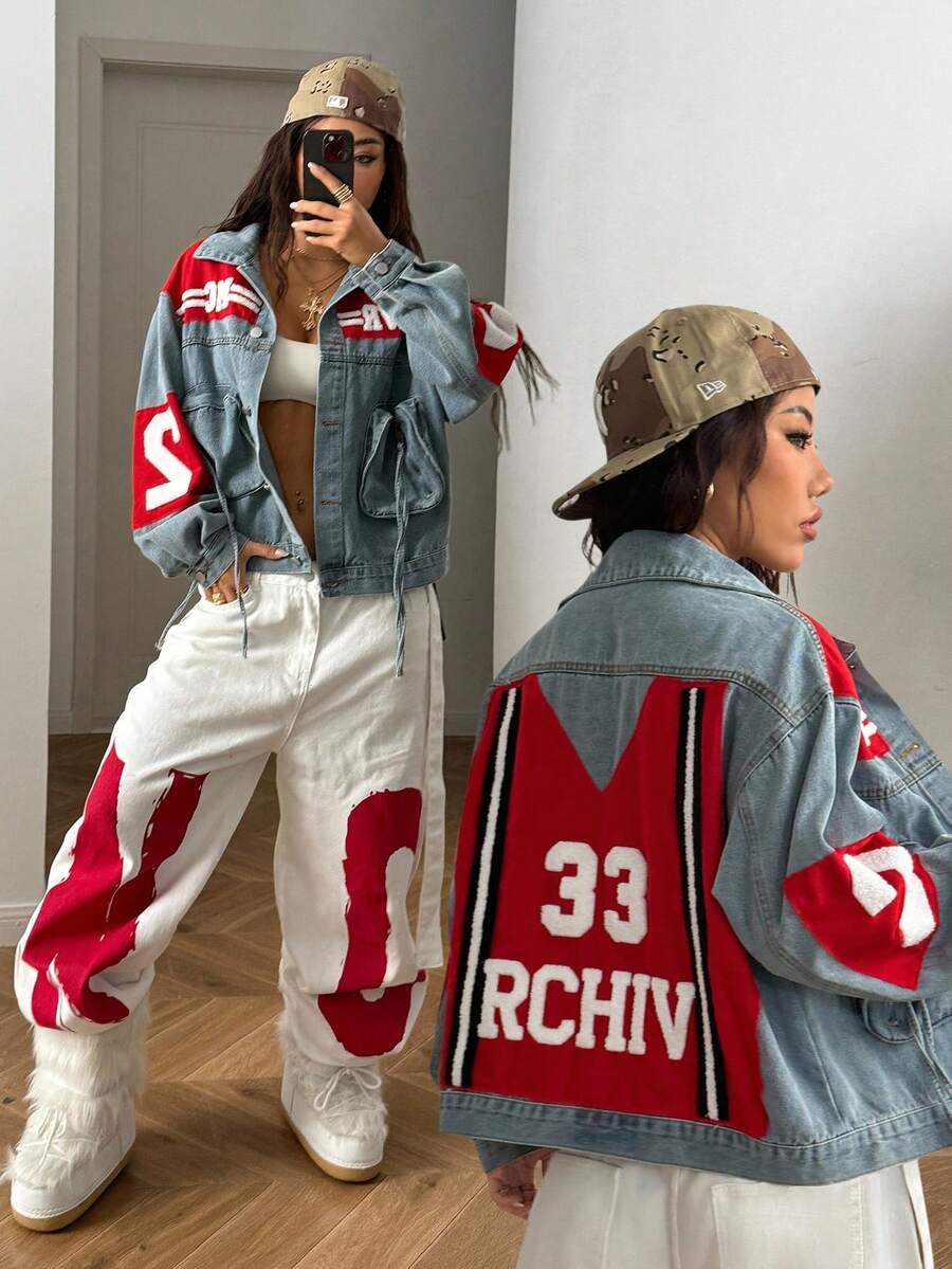 StreetHx Women's Casual Fashion Street Letter Graphic Patchwork Zipper Pocket Dropped Shoulder Loose Denim Jacket, Spring/Autumn - Blue - View 1