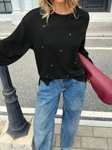 Chiquease Women's Studded & Rhinestone Embellished Sweatshirt, Basic Style For Autumn/Winter - Black - View 6