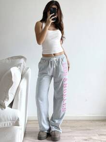 SHEIN Unity 女式灰色和粉色洛杉矶城市名刺绣低腰抽绳系带复古宽松运动裤，时尚休闲百搭通勤家居服运动服设计，秋冬 - 灰色 - 查看 8