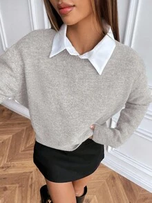 SHEIN Suéter de punto de cuello redondo de manga larga y unicolor de estilo casual - Gris Claro - Ver 5