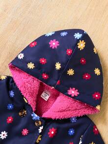 SHEIN Young Girls Floral Lined Hooded Double-Breasted Fashion Navy Blue Jacket, Suitable For Casual Daily Wear - Navy Blue - View 9