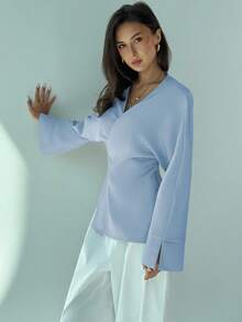 Aloruh Áo sơ mi công sở/thường ngày quấn quanh màu xanh nhạt dành cho nữ - Màu xanh nhạt - Xem 7