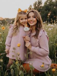 Emery Rose Kids Emery Rose Kids 年轻女孩纯色圆领荷叶边下摆休闲毛衣裙女秋冬装 - 粉色 - 查看 4