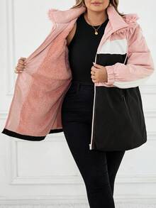 SHEIN CURVE+ Plus Size Multi-Color Patchwork Thermal Lined Hooded Padded Coat For Women In Fall/Winter - Multicolor - View 8