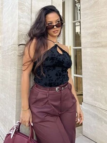 NegzBox Women's Fall Women Clothes Streetwear Women Sexy Cross Strap Metal Buckle Decor Black Flocked Printed Blouse,Going Out Tops Women ,Going Out Outfits,Date Night Outfits Women - Black - View 7
