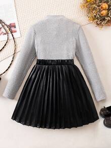 Elladie kids 2件套青少年女孩灰色纹理长袖上衣和仿皮裙 - 彩色 - 查看 2
