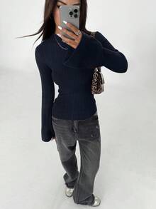 Flirla Women's Fashionable Flare Sleeve Solid Color Casual Sweater, Autumn - Blue - View 3