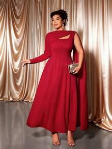 Elenzga Plus Size Women Elegant A-Line Long Sleeve Dress, Autumn/Winter - Red - View 1