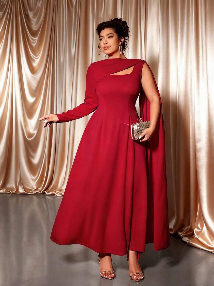 Elenzga Plus Size Women Elegant A-Line Long Sleeve Dress, Autumn/Winter - Red - View 1