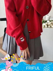 FRIFUL SHEIN X Care Bears 女式圆领字母刺绣纽扣开衫 - 紅色 - 查看 4