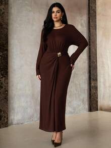 Roveilla Rochie maxi pentru femei, mărime plus, elegantă, de lux, minimalistă, design de înaltă calitate, casual, de vacanță, vintage, confortabilă, culoare solidă, tricotată, cu guler rotund, plisată, cu decor metalic în față, ajustată, cu mânecă lungă, primăvară/toamnă/iarnă - Maro - Vizualizare 5