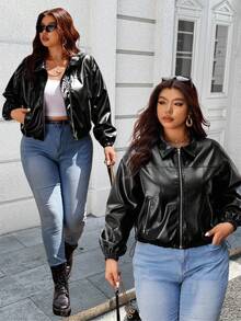 Vionelle Große Größen PU Leder Kurze Motorrad Jacke, Stehkragen Große Größen Lederjacke Große Größen Streetwear Große Größen Y2K Kleidung Große Größen Oberbekleidung XXL Damen Jacke - Schwarz - Übersicht 1