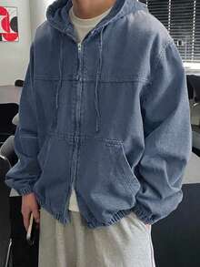 DAZY 男士纯色水洗连帽设计黑色牛仔夹克，秋季 - 淺色水洗藍 - 查看 4