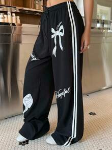 Muchica Women's Black Knit Letter & Bow Print Drawstring Waist Wide Leg Loose SweatPants,Autum / Winter - Black - View 5